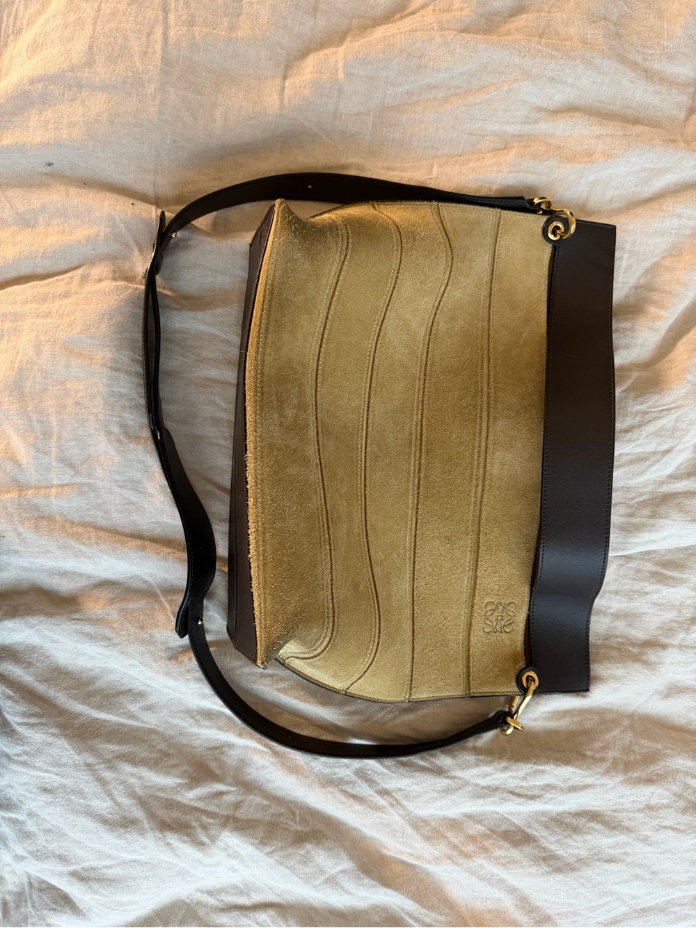 Loewe Suede Strip Shoulder Bag in Mustard Yellow with Gold Hardware